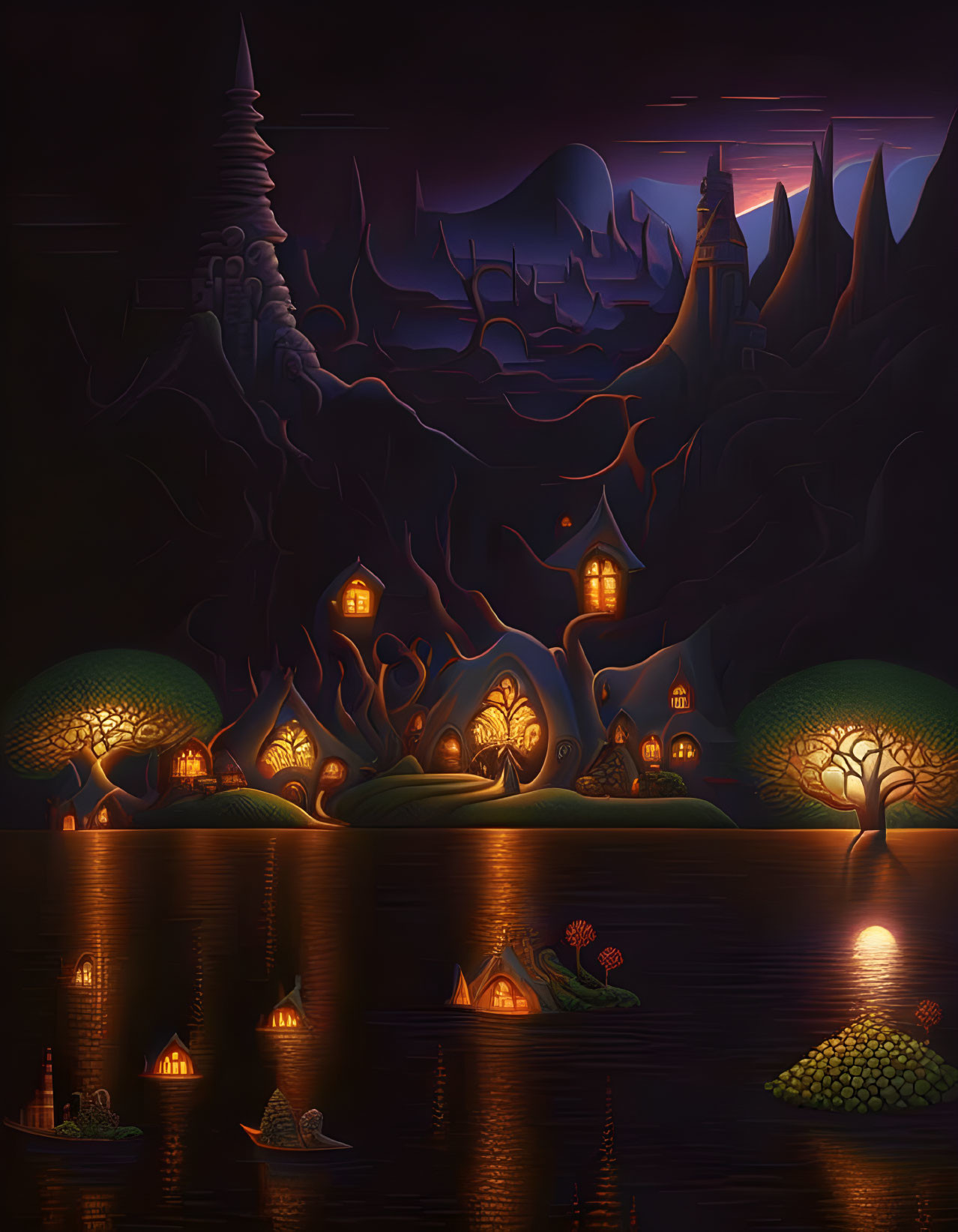 Enchanting nocturnal landscape with fantasy houses, boats, and castle.