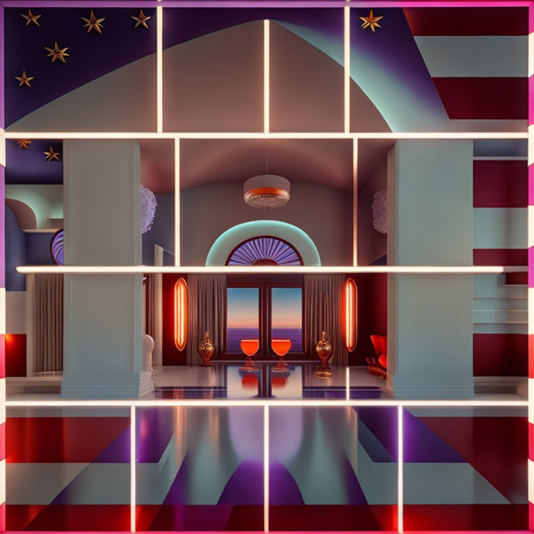 Symmetrical interior design with arched doors, reflective floor, warm lighting, purple and red hues,