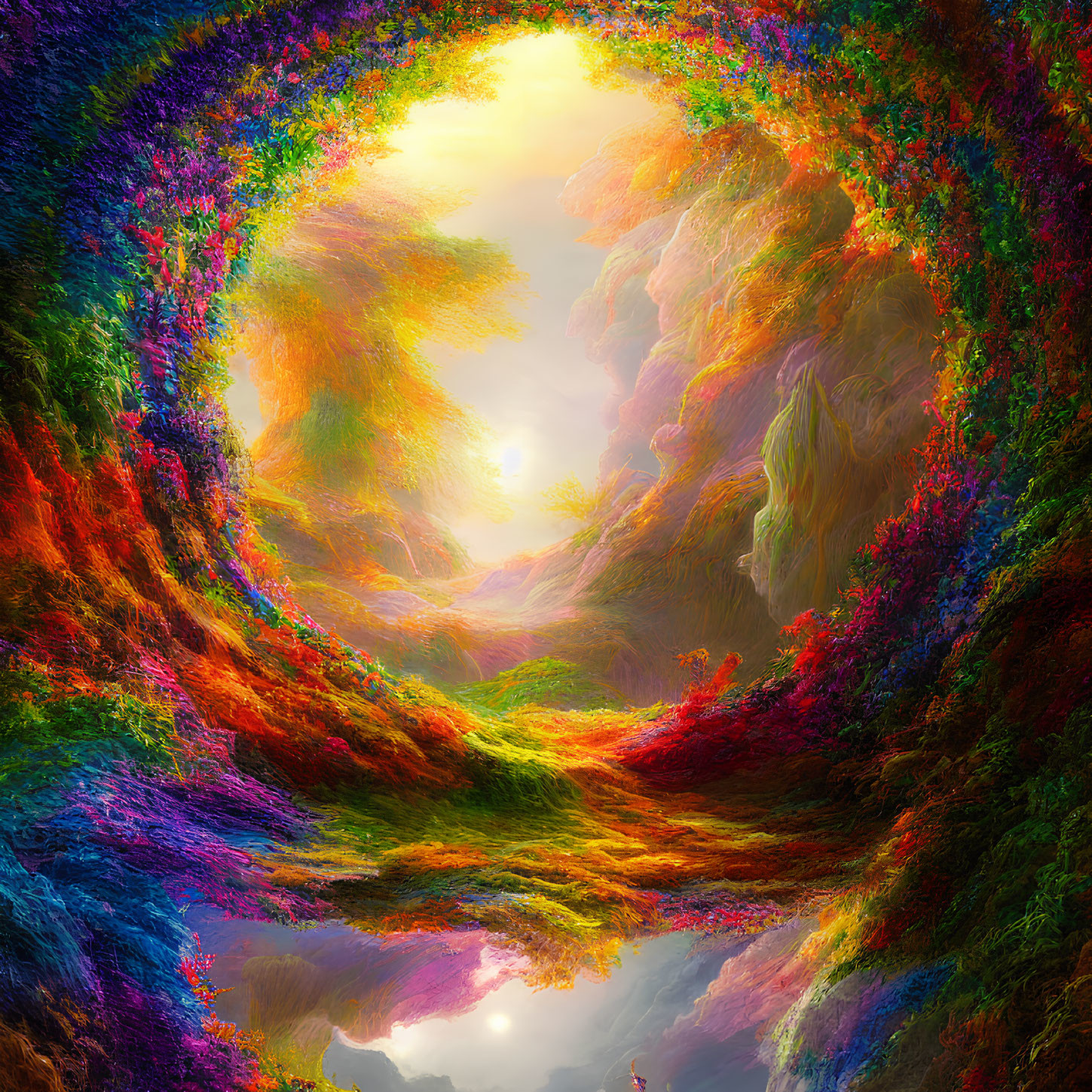 Colorful Landscape with Circular Portal and Bright Center Light