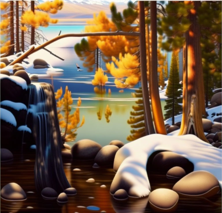 Snowy forest digital painting: waterfall, reflective lake, orange-leafed trees