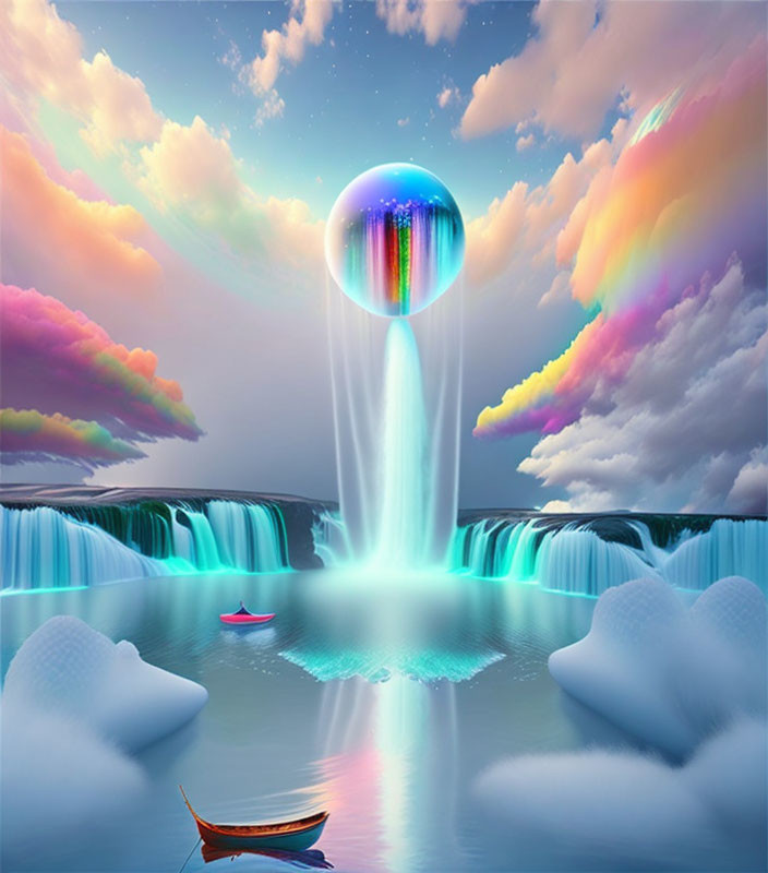 Surreal landscape with waterfalls, orb, rainbows, lake, boat, and clouds