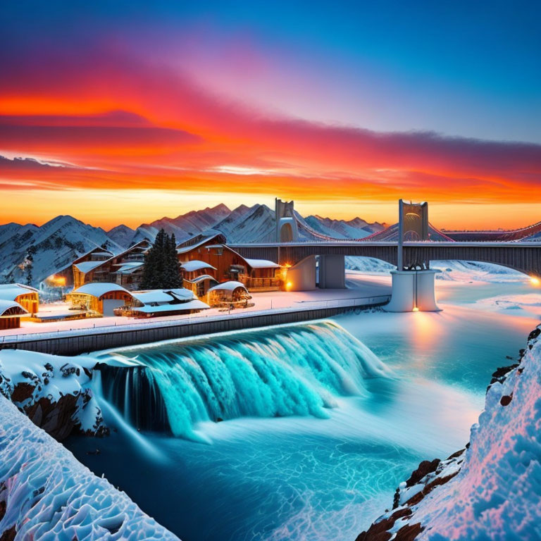 Snow-covered village with illuminated buildings, waterfall, bridge, and sunset sky