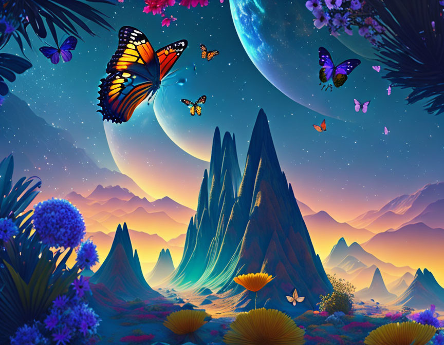 Fantasy landscape with mountains, butterflies, and planets under starry sky