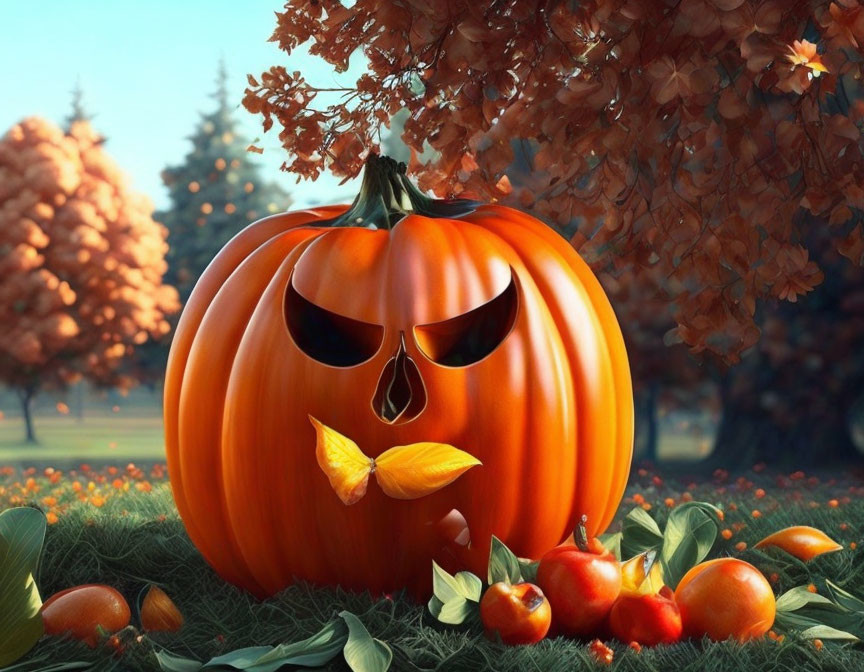 Carved pumpkin with spooky face in fall scene.