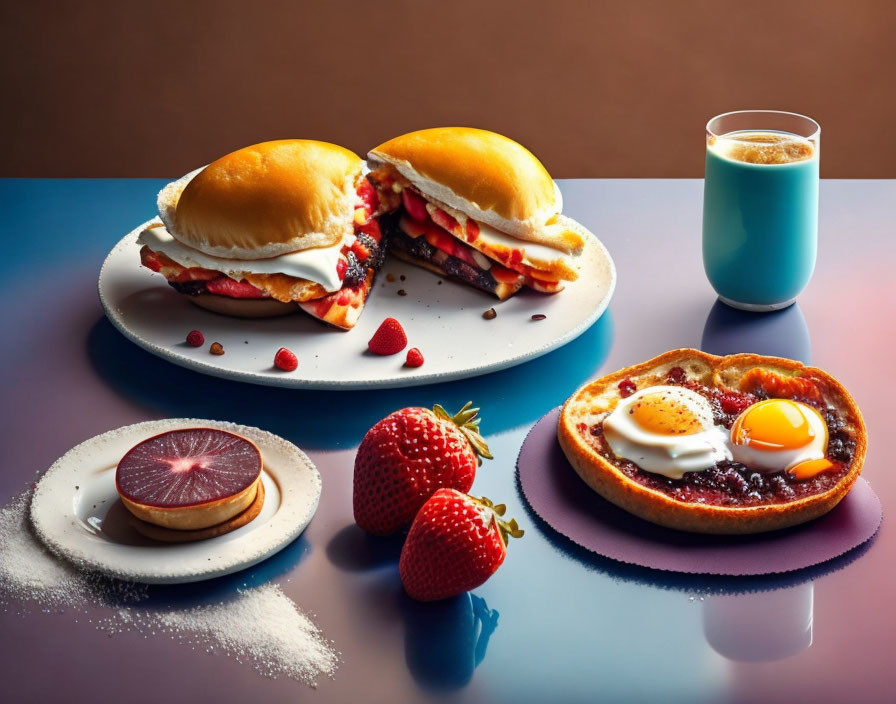 Breakfast spread with bacon egg sandwiches, orange juice, egg tart, strawberries, and star-patterned