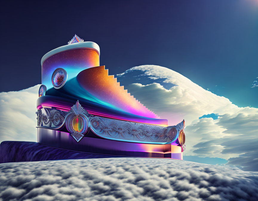 Surreal cosmic-themed staircase against twilight sky