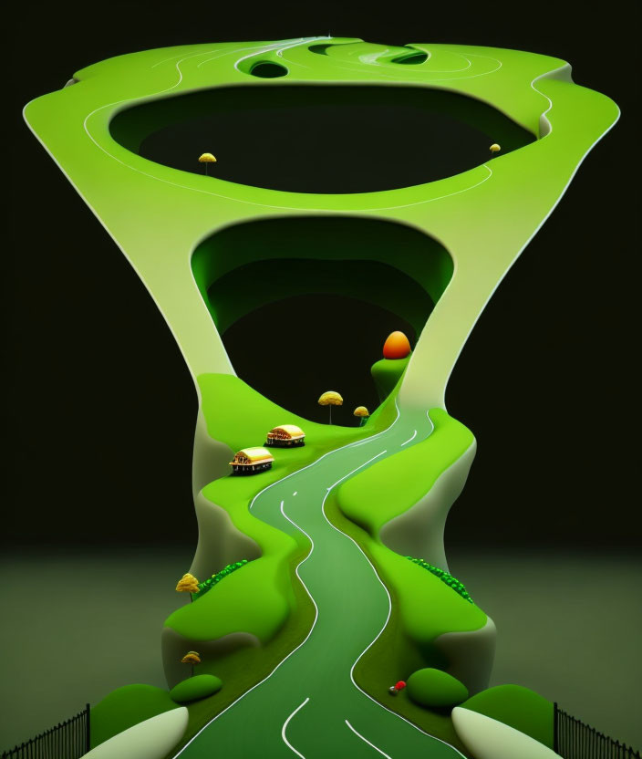 Surreal winding road in green landscape with floating islands, traffic lights, cars, and gravity-def