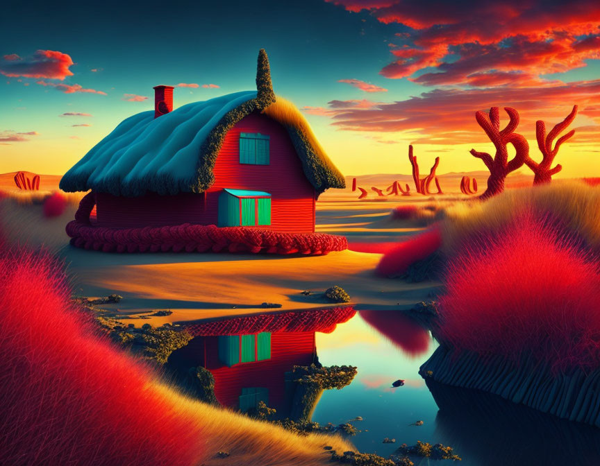 Surreal landscape with red house, blue roof, red grass, reflective water, orange sunset sky