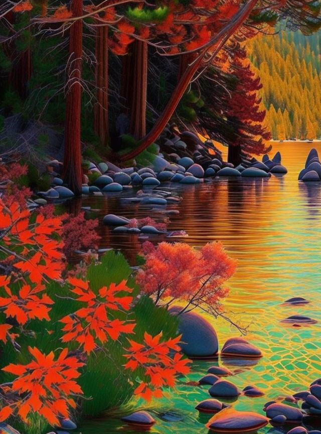 Tranquil Autumn Lakeside with Vibrant Foliage & Evergreen Forest