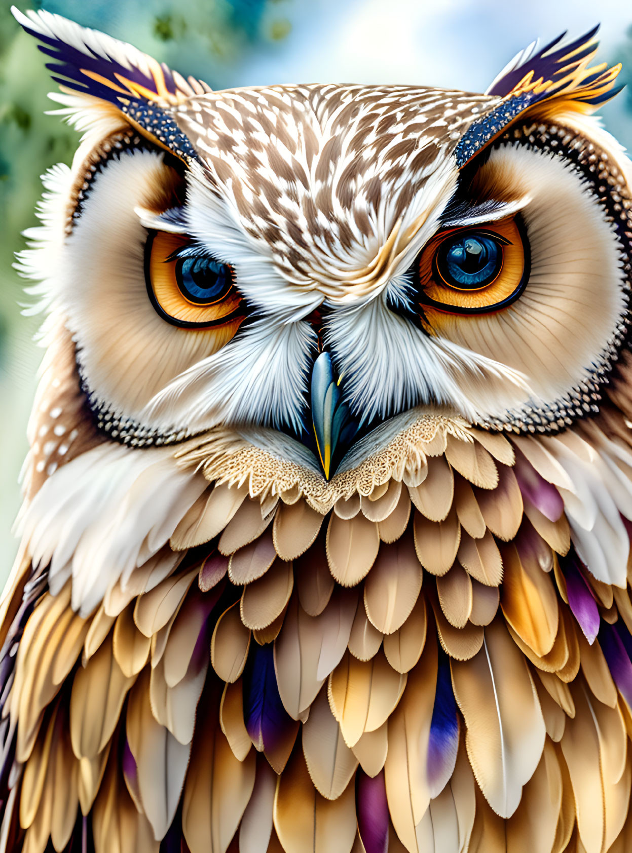 Detailed Vibrant Owl Drawing with Blue Eyes and Feathers