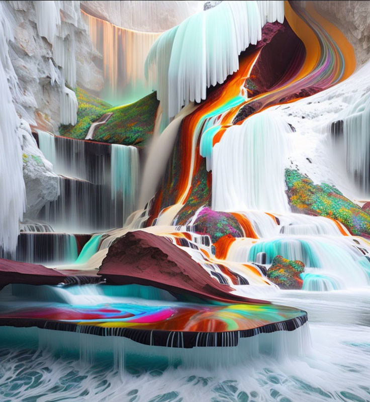 Digitally altered waterfall with multicolored layers and icy stalactites