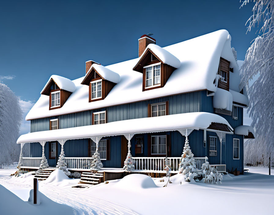 Snow-covered blue two-story house amidst snowy trees and clear sky