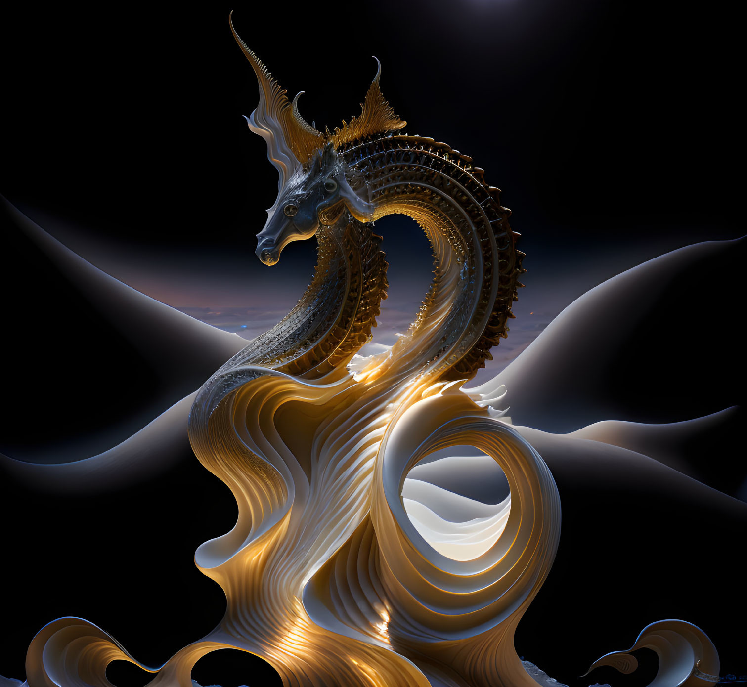 Golden Dragon with Intricate Scales and Sweeping Wings in Misty Darkness