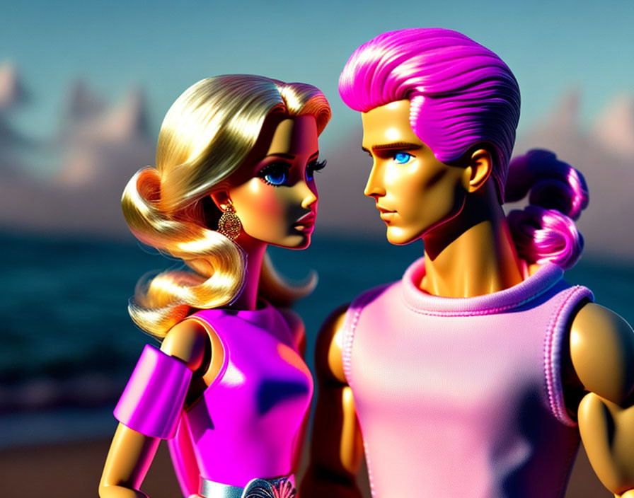 Stylized dolls with exaggerated features on beach backdrop