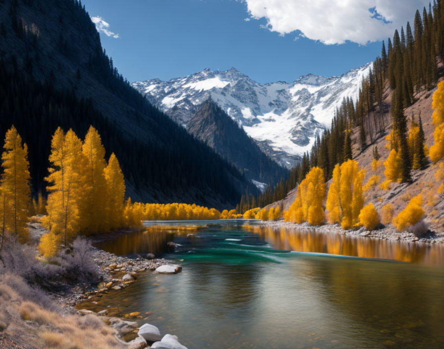 Tranquil river in vibrant autumn landscape with snow-capped mountains