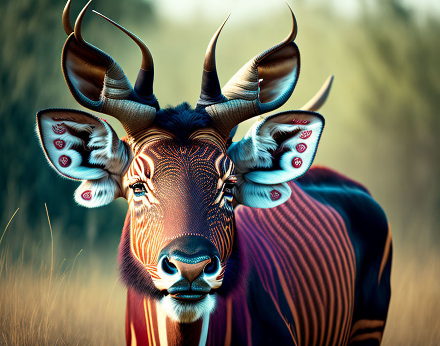 Digital artwork of stylized antelope with intricate patterns and embellishments