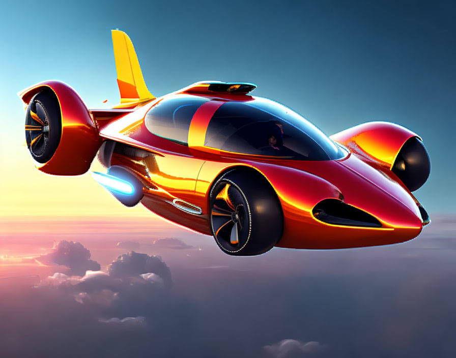 Futuristic red and orange flying car with rear thrusters in sunset sky