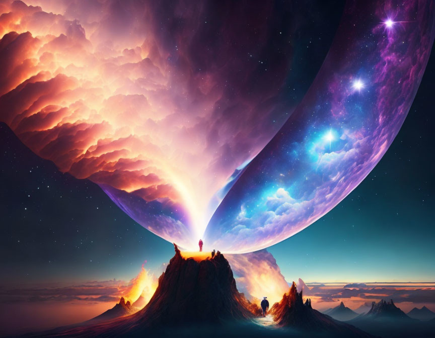 Person standing on mountain in surreal cosmic landscape