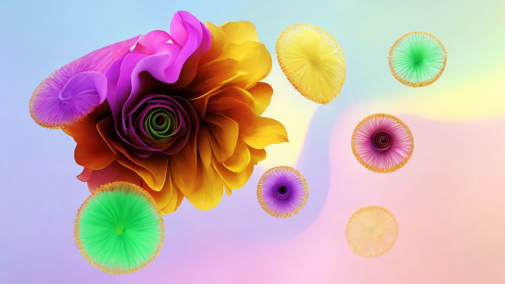 Vibrant abstract art: large flower with gradient petals and floating circular shapes on pastel backdrop