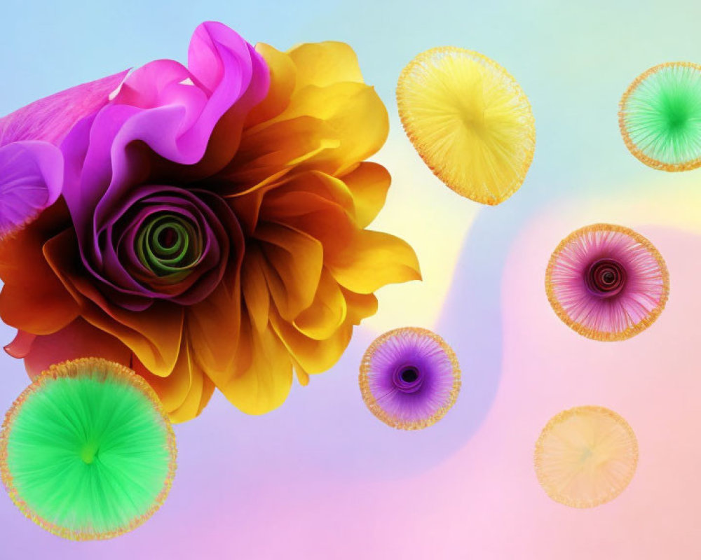 Vibrant abstract art: large flower with gradient petals and floating circular shapes on pastel backdrop