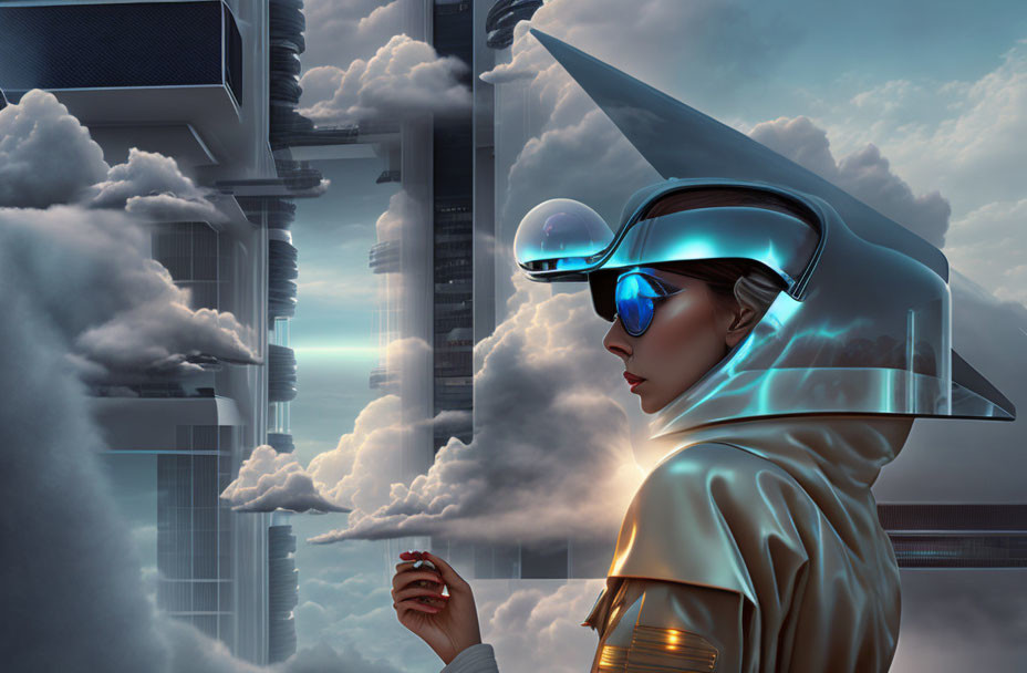 Futuristic woman in reflective helmet gazes at cityscape