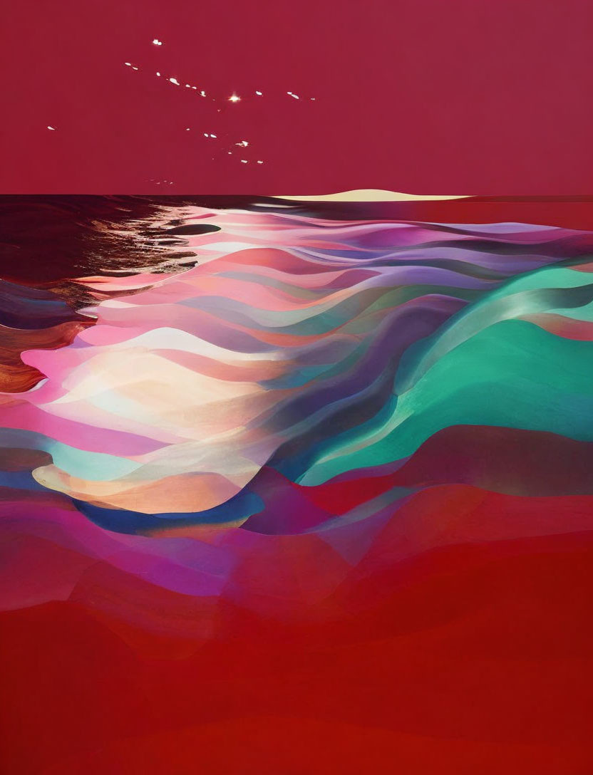 Vibrant abstract landscape with flowing shapes in pink, red, and turquoise hues.