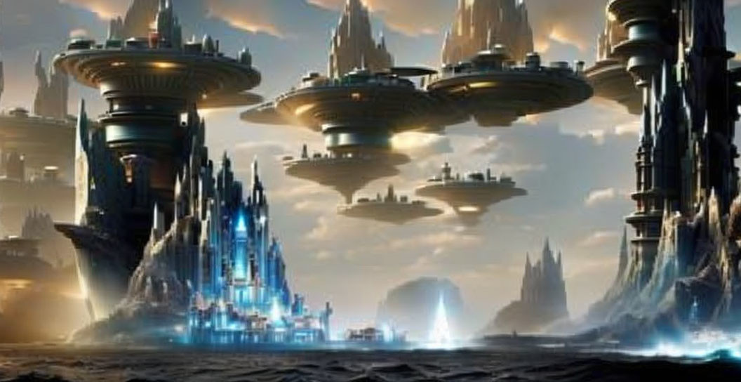 Futuristic cityscape with towering spires and floating structures against dramatic sky over vast water.