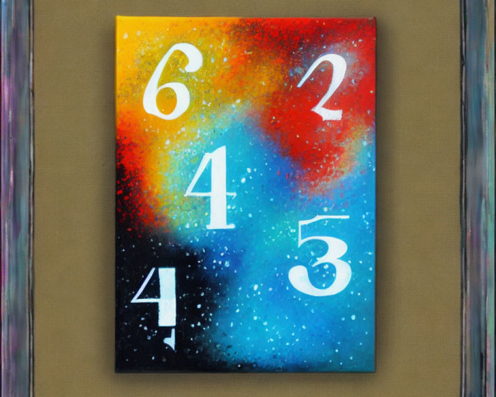 Abstract painting with scattered numerical digits on cosmic background in grey frame