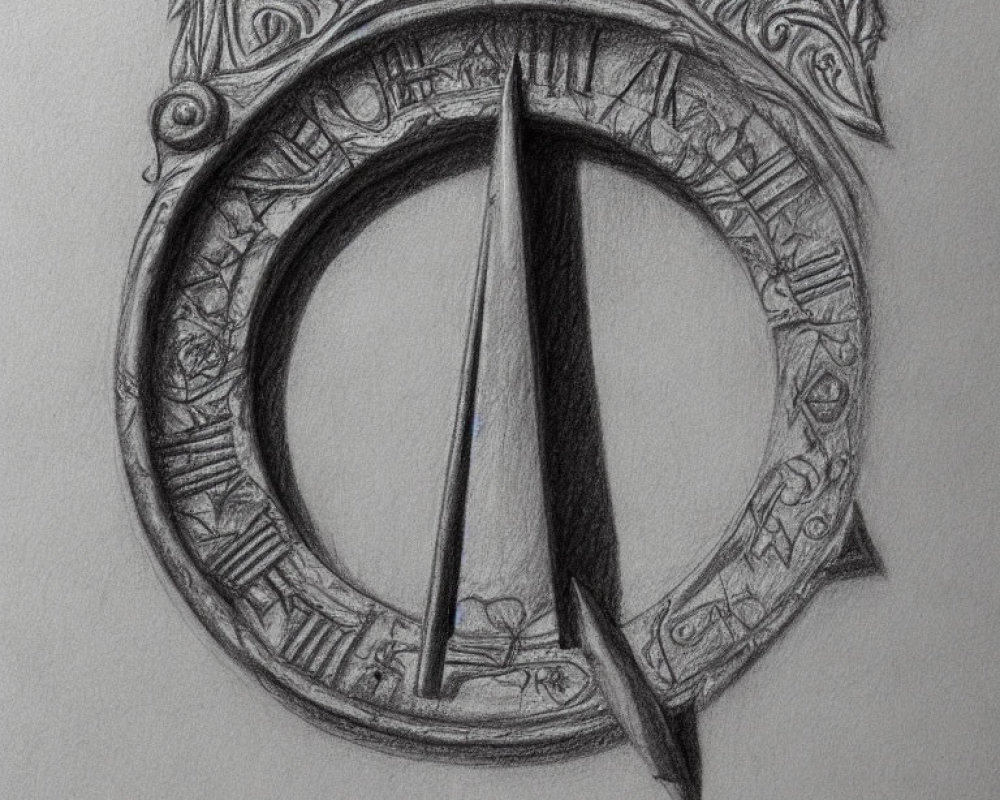 Detailed pencil sketch of stylized sundial with intricate patterns and Roman numerals