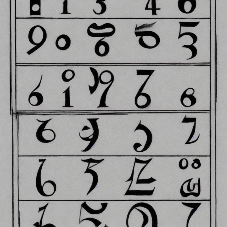 Monochrome image of stylized number rows in three panels