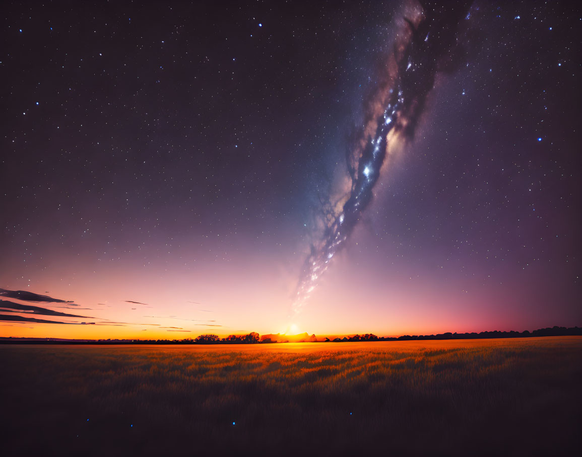 Colorful sunset over field with Milky Way galaxy in starry sky