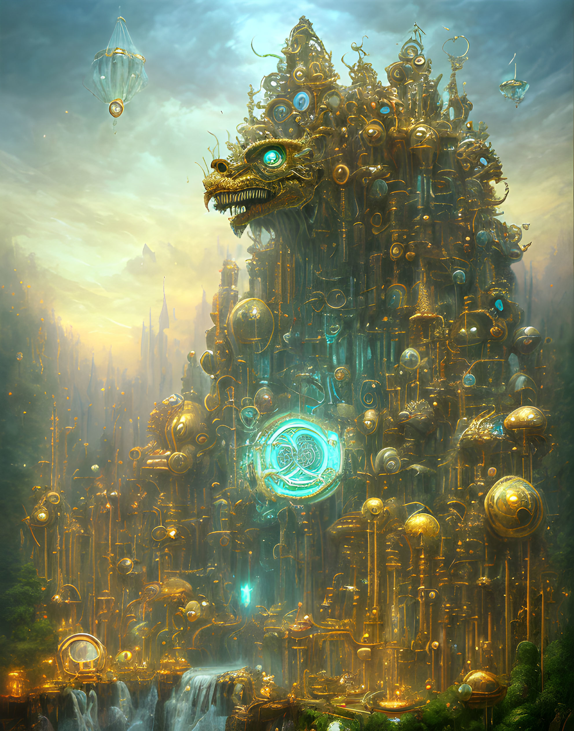 Golden mechanical tower with dragon head in misty forest with glowing elements