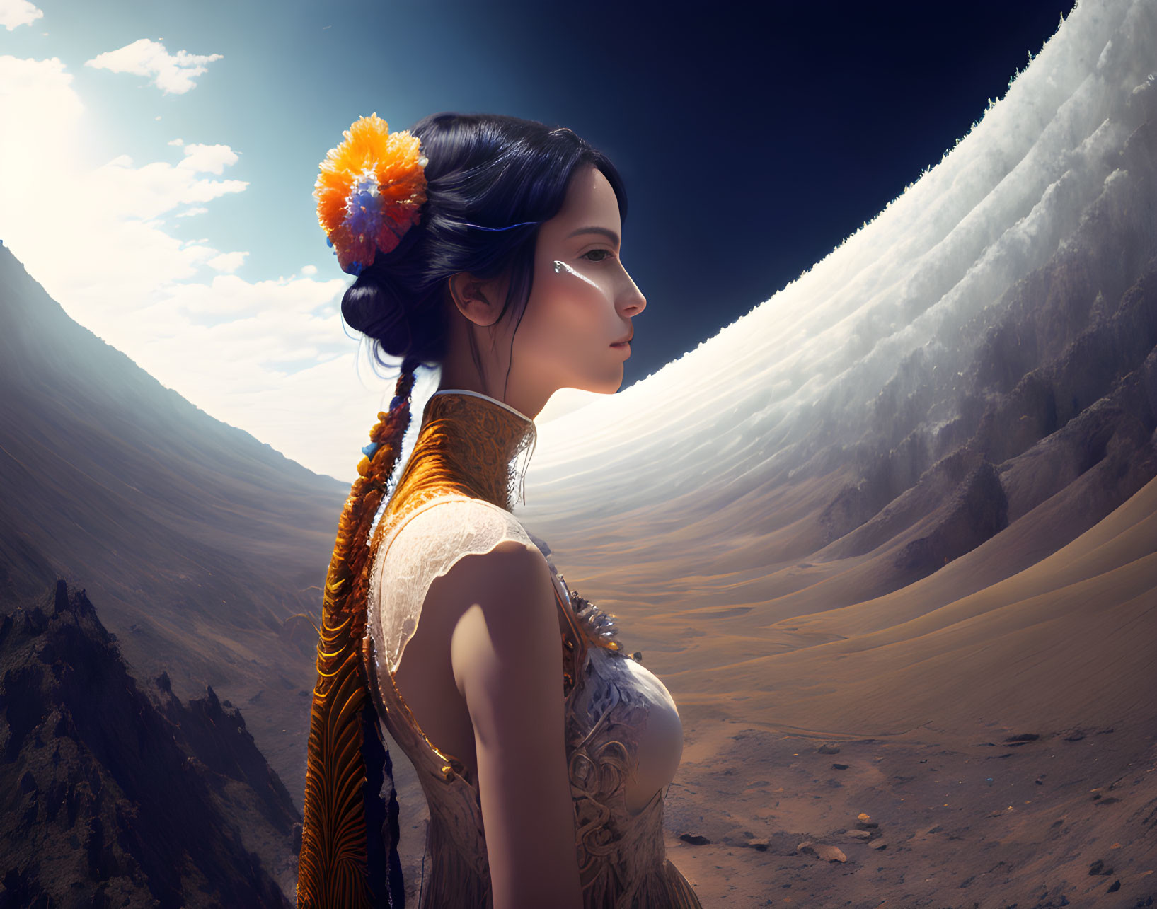 Woman in ornate attire gazes at surreal sand wave meeting sky