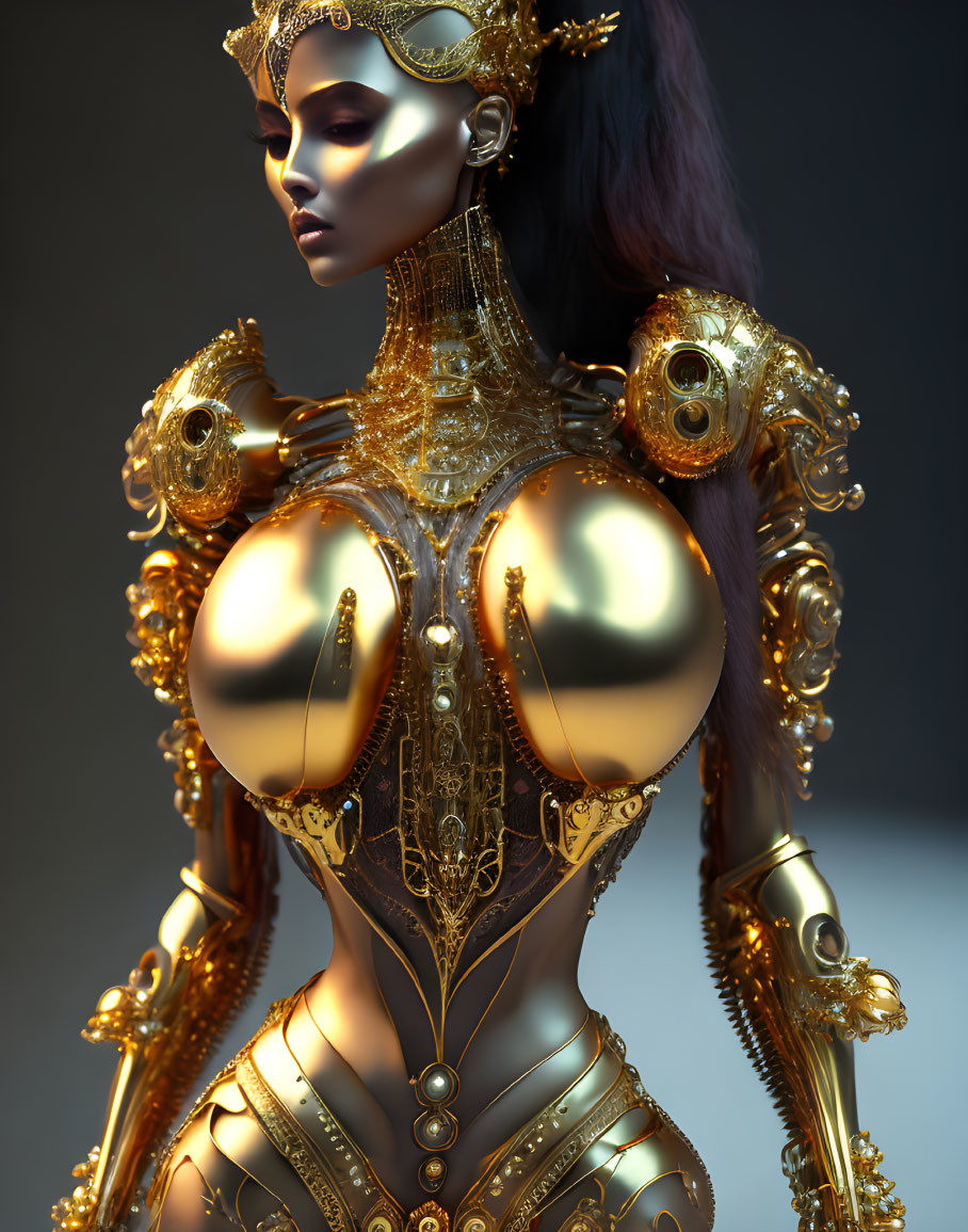 Digital artwork: Female figure in ornate golden armor with mechanical elements on muted background