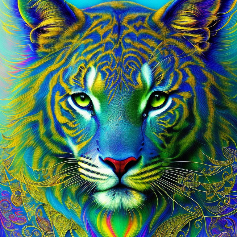 Colorful Tiger Artwork with Psychedelic Patterns on Abstract Background