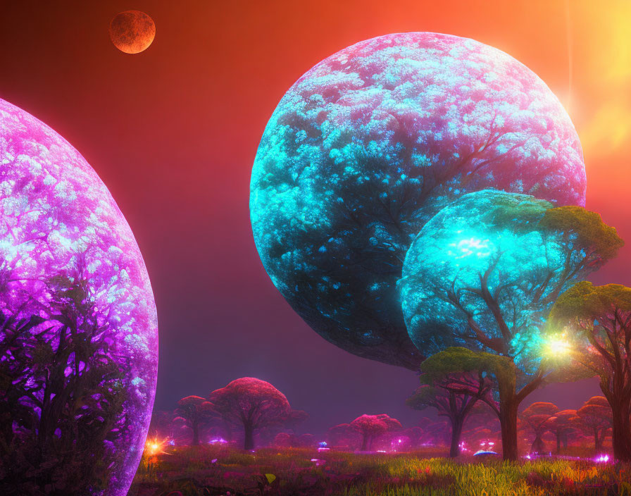 Sci-fi landscape with oversized glowing trees, alien planets, and sunset glow