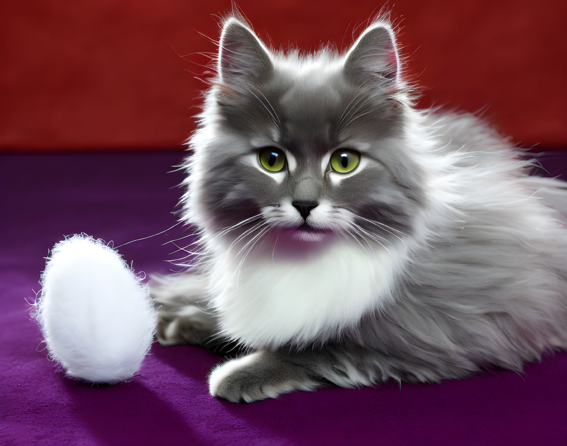 Gray and White Cat with Yellow Eyes Next to Fluffy Object on Purple Surface