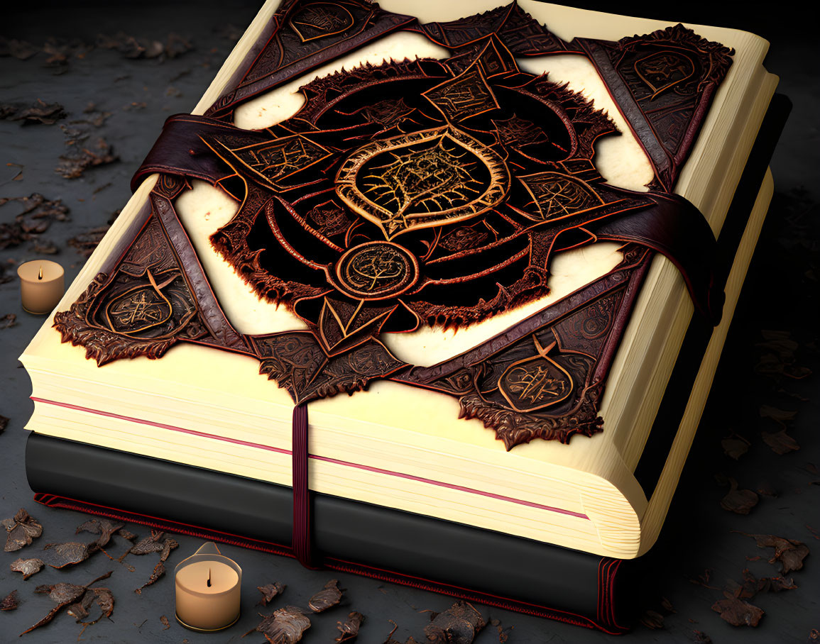 Embossed leather-bound book beside candles and leaves on dark surface