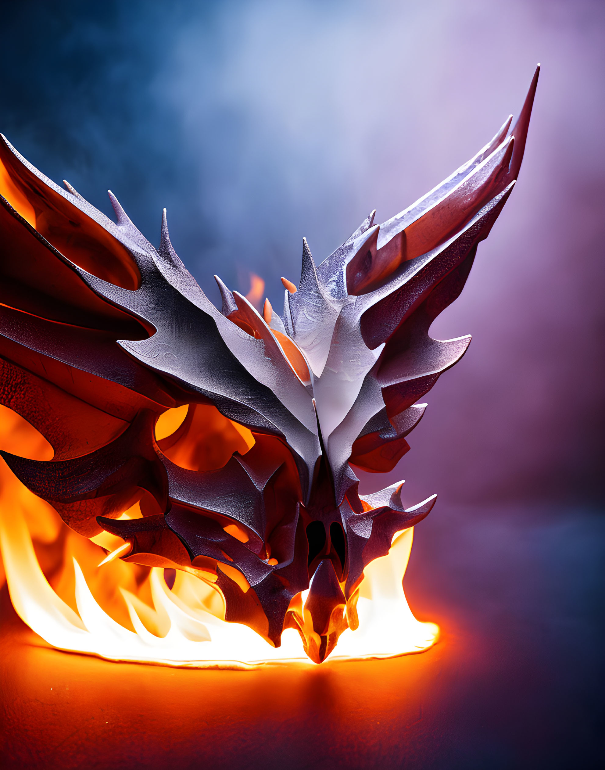 Metallic dragon wing in fiery orange and dark blue background.