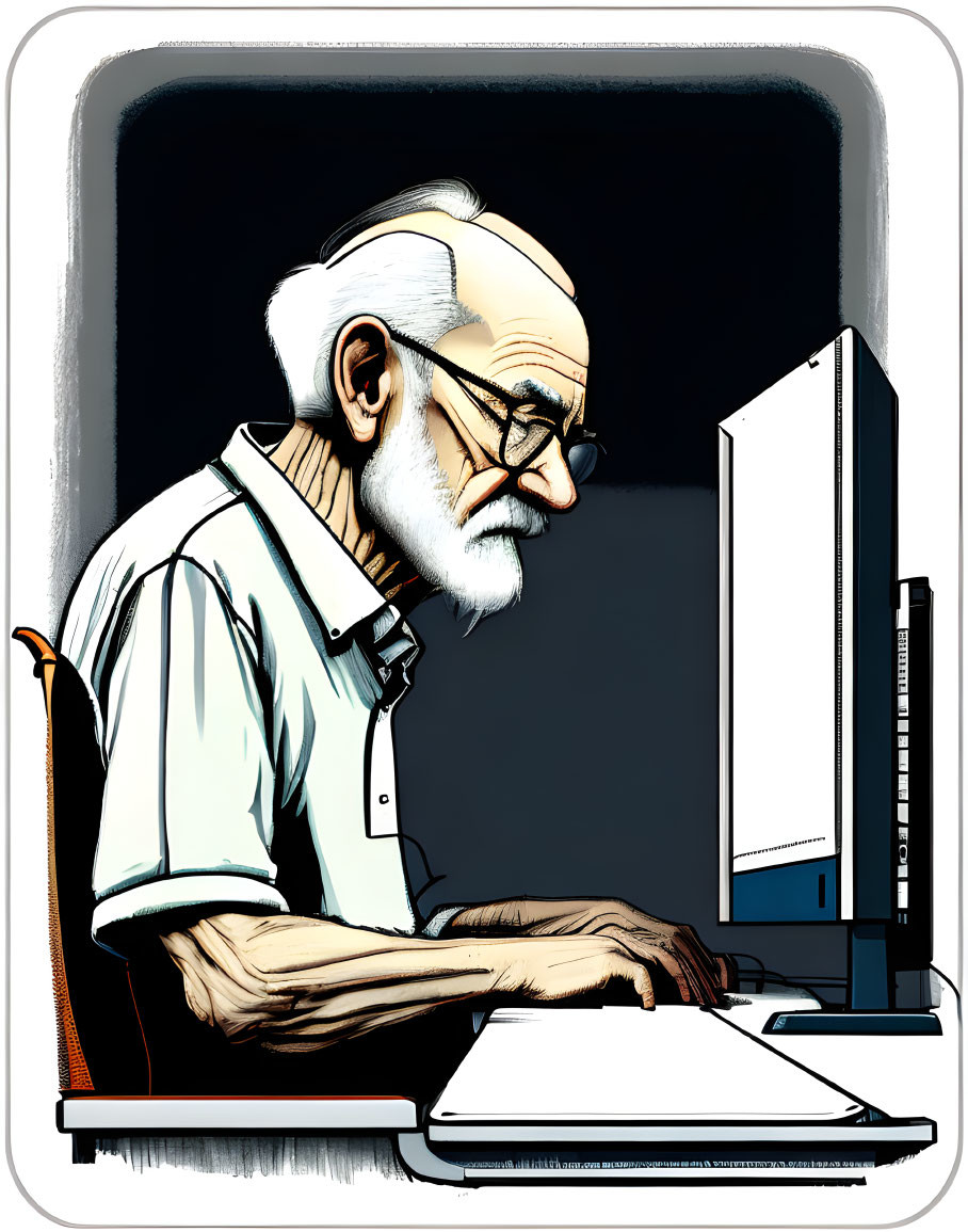 Elderly man with white beard using desktop computer