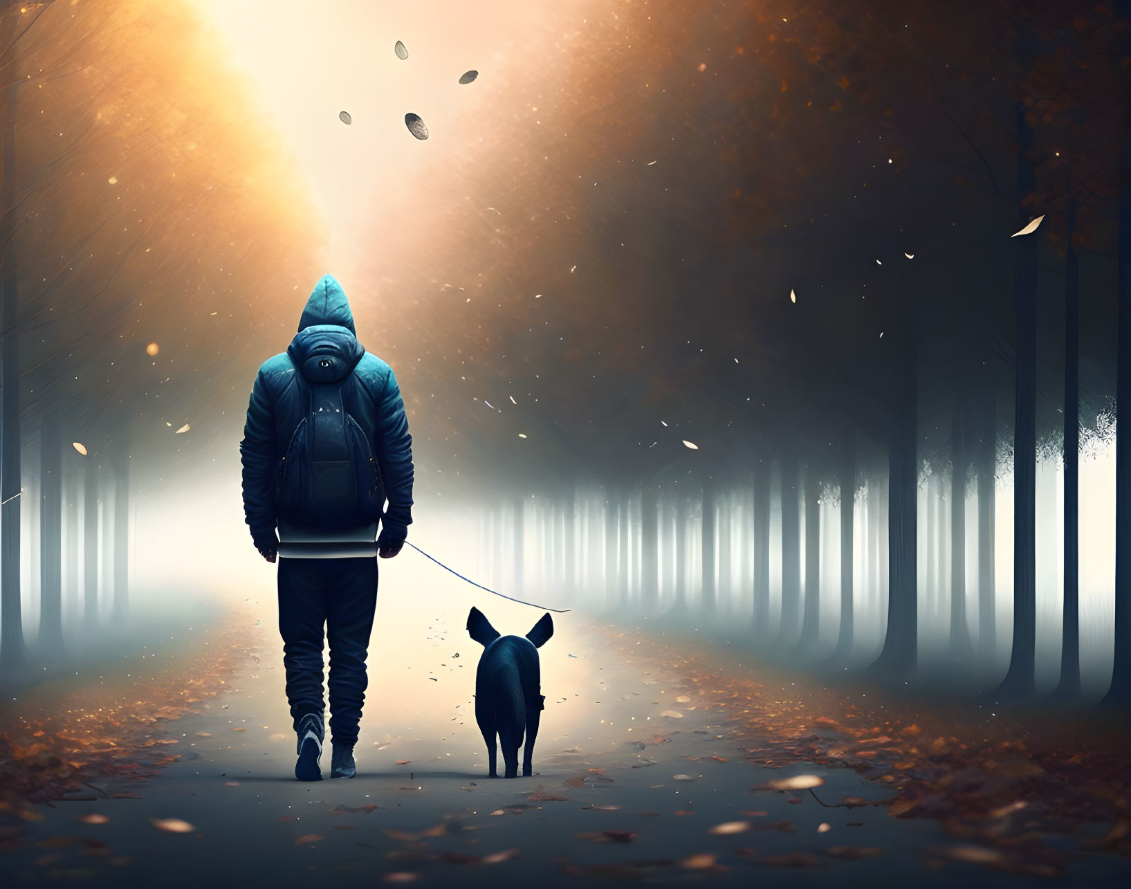 Person with dog in hoodie walks through mystical forest with falling leaves