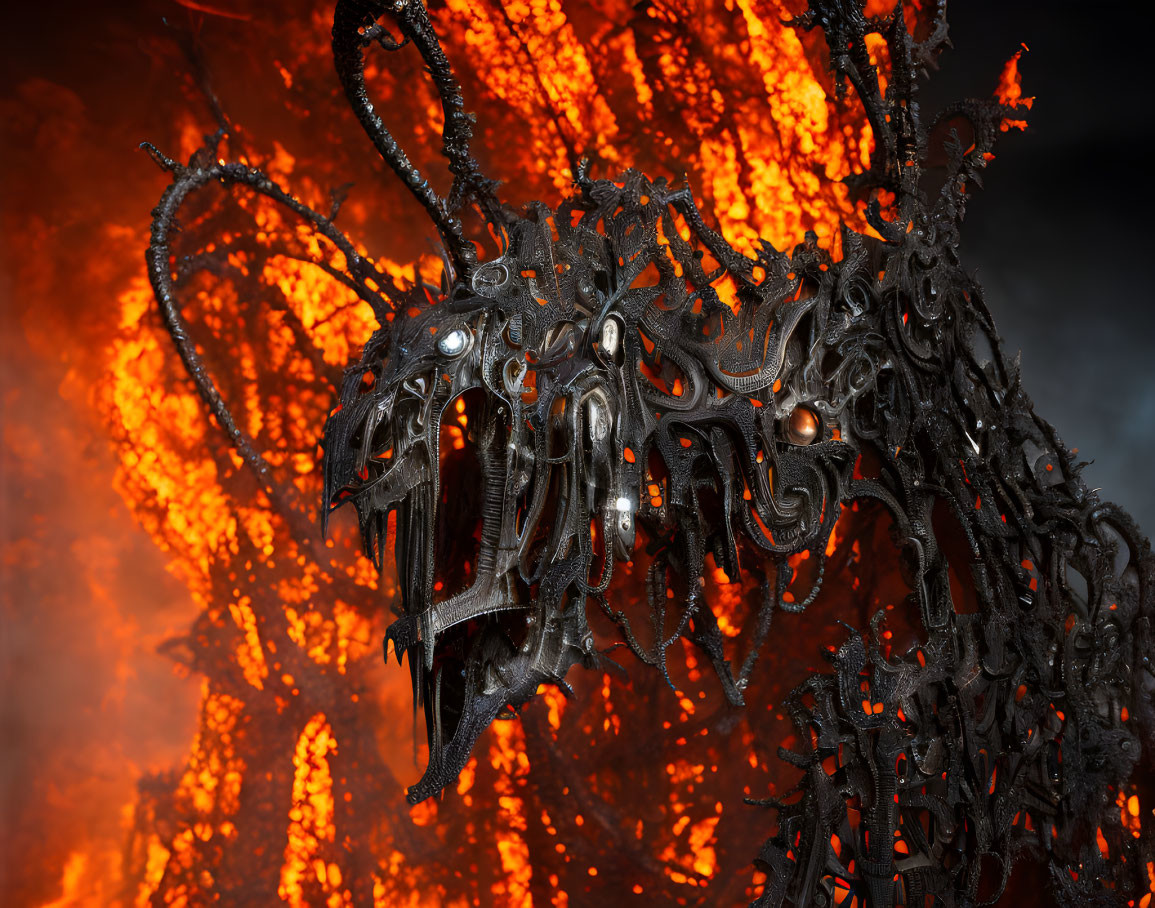 Sinister fantasy creature with sharp teeth, horns, and tendrils in fiery backdrop