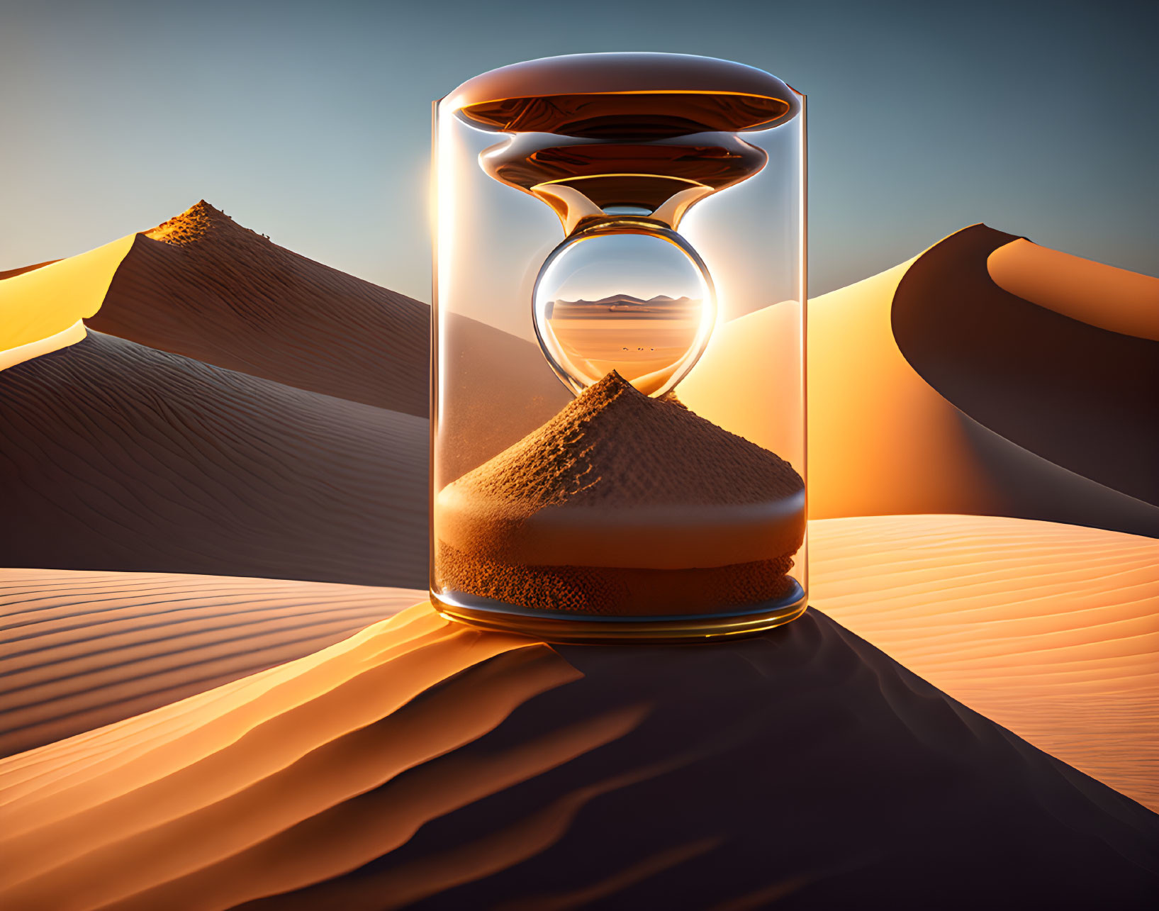 Surreal desert landscape with hourglass and sand dunes