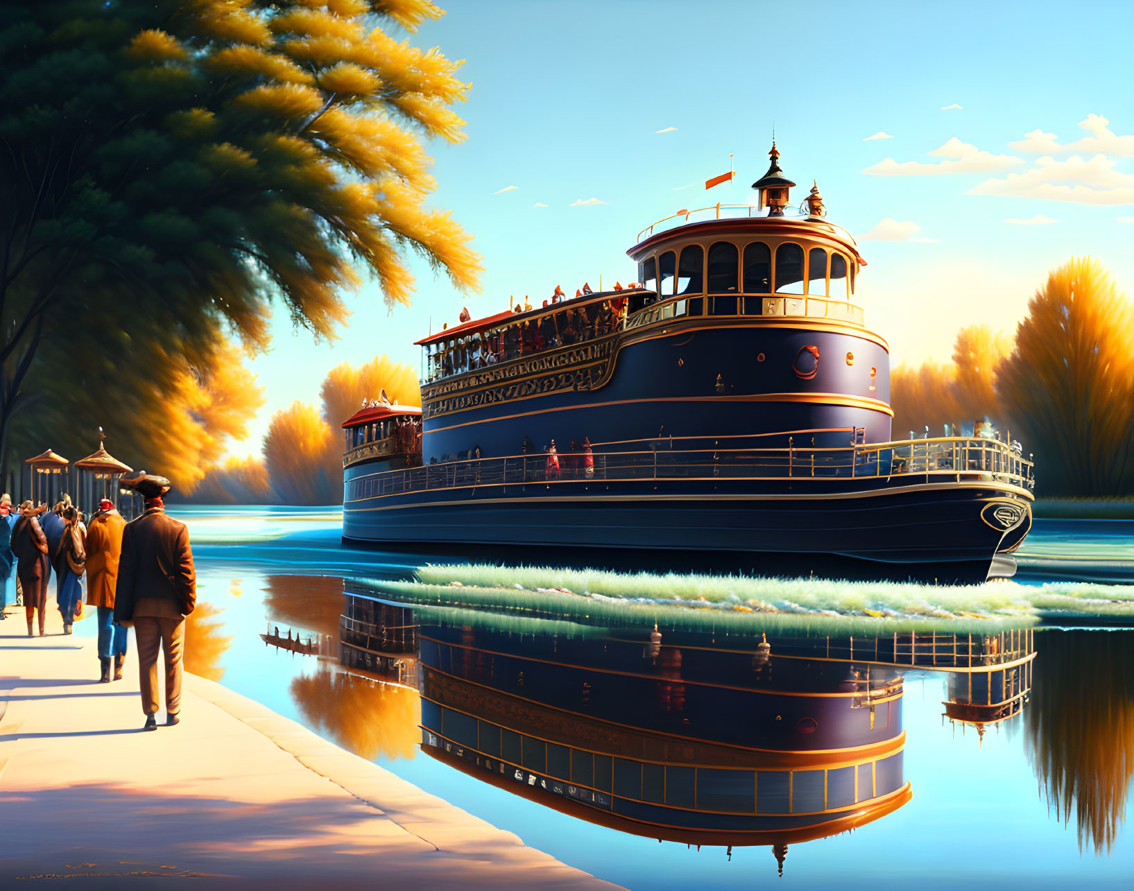 Vintage paddle steamer boat on calm river with tree-lined promenade and autumn hues.