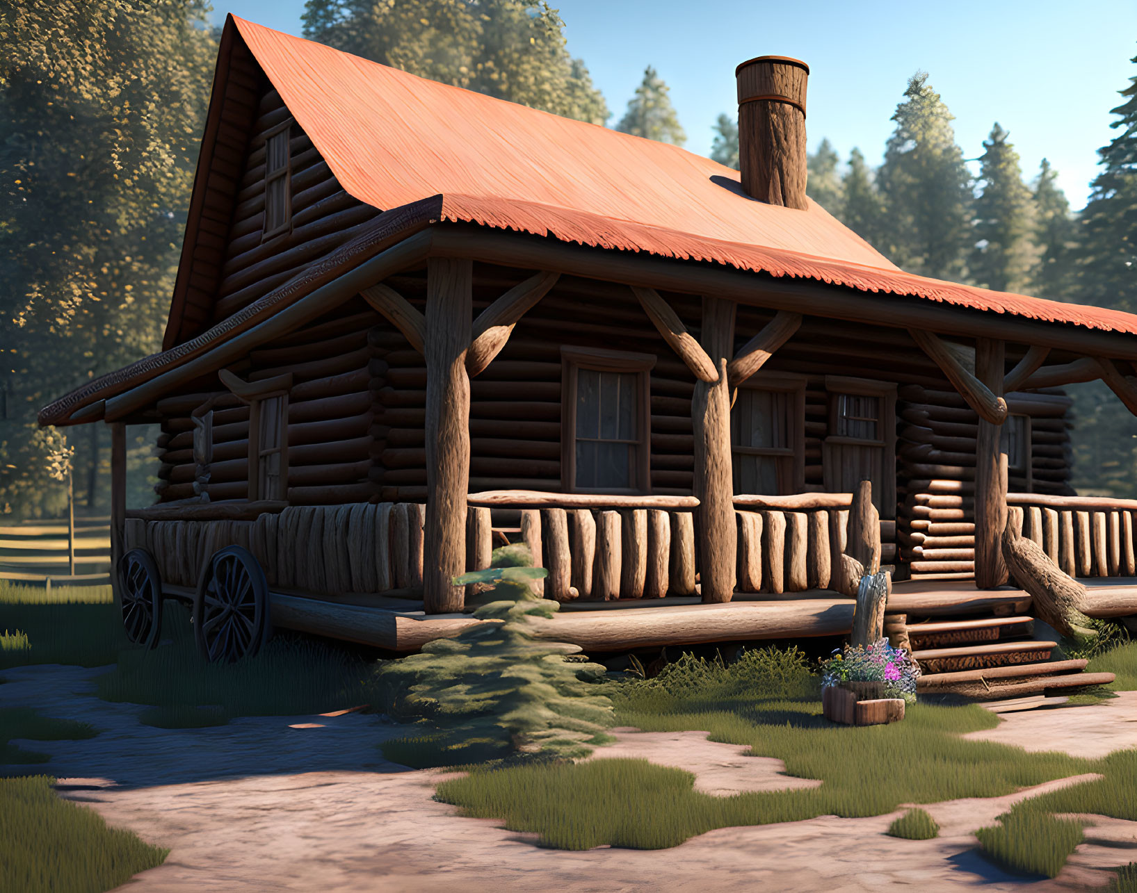 Rustic log cabin with red roof and chimney in forest clearing