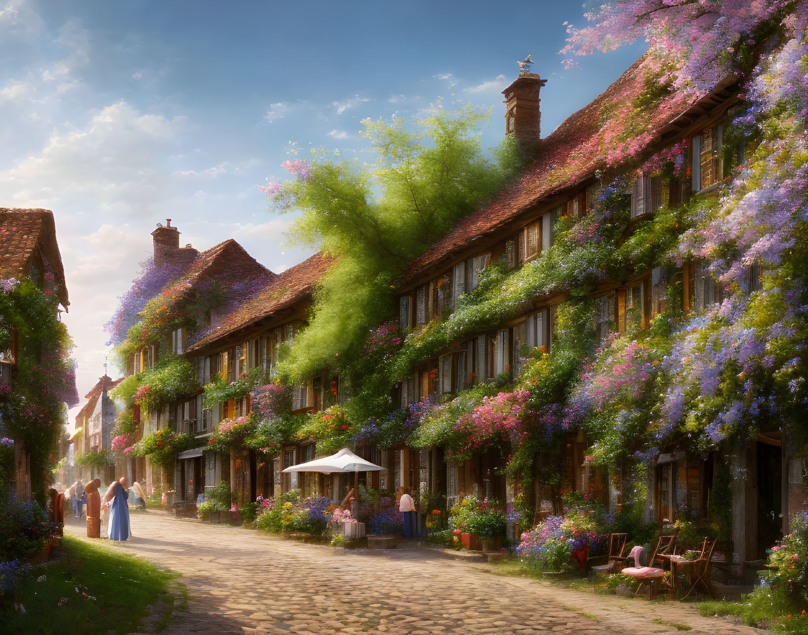 Picturesque cobblestone street with vibrant houses and greenery under clear sky.