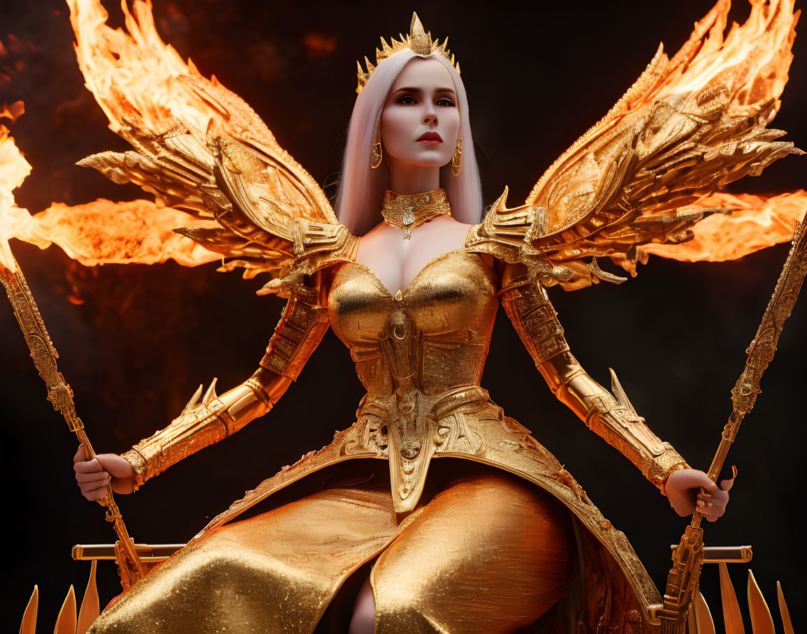 Majestic woman in golden costume with fiery wings and scepter on dark background