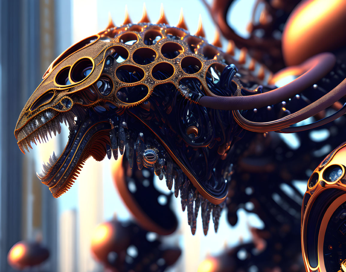 Detailed metallic creature with skull-like head and gears on blurred background