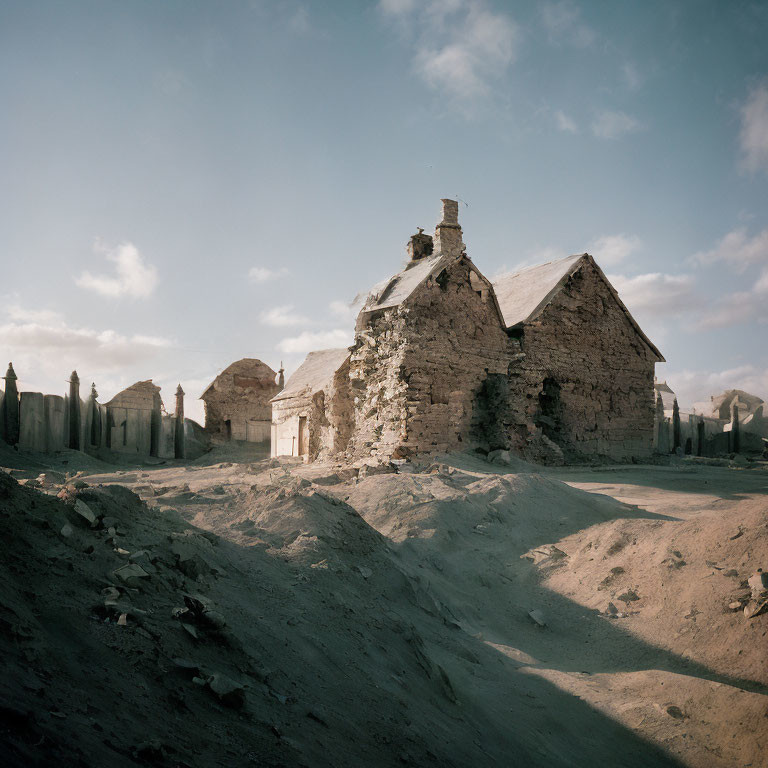 Abandoned stone buildings in sand dunes under cloudy sky