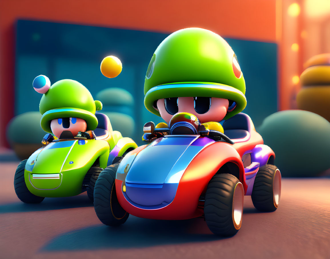 Vibrant animated racing scene: Two characters in helmets drive colorful go-karts under warm lighting